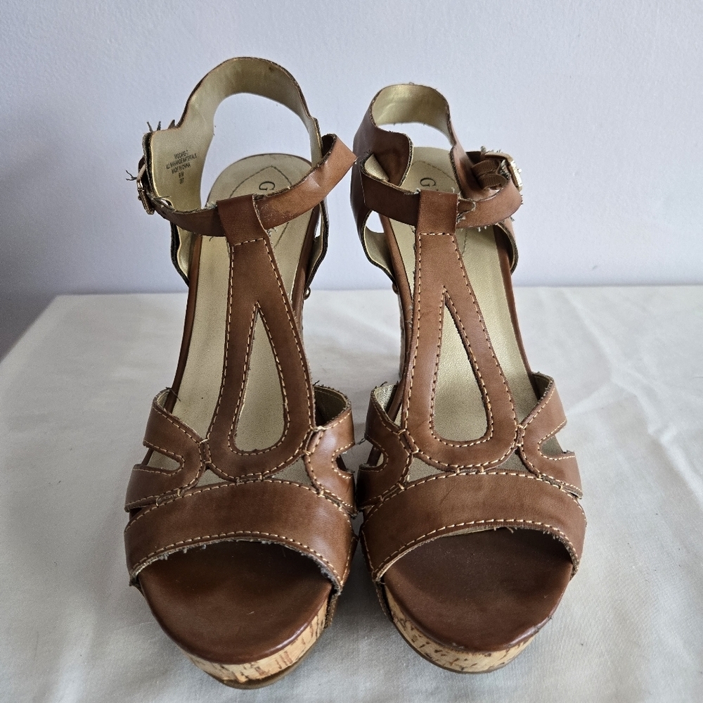 GUESS Brown Strappy Women's Wedges - Picture 1 of 6